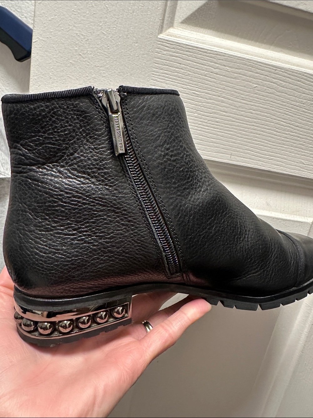 Karl Lagerfeld Black Leather Ankle Boots with Studded Metallic Heel 8.5